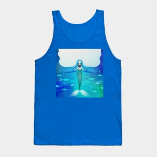 Arctic Ocean mermaid queen with blue and green fish Tank Top